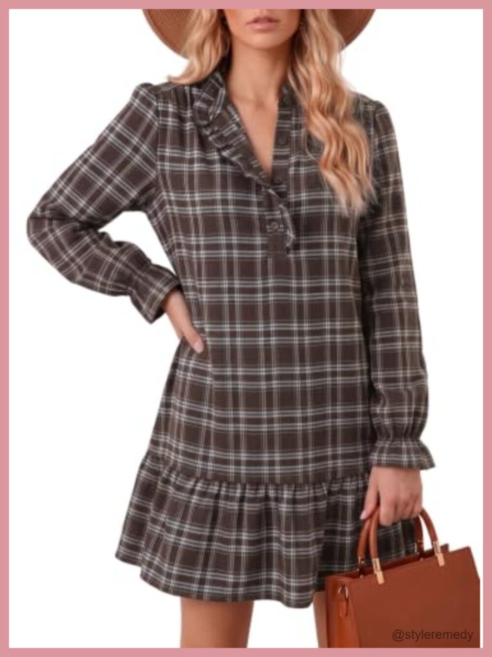 Long Sleeve Ruffled Button Down Plaid Mini Dress